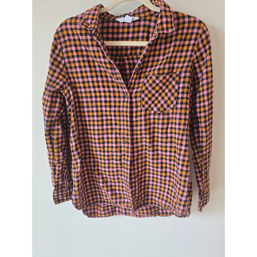Old Navy The Classic Shirt Womens Large Orange Black Plaid Flannel Button Up